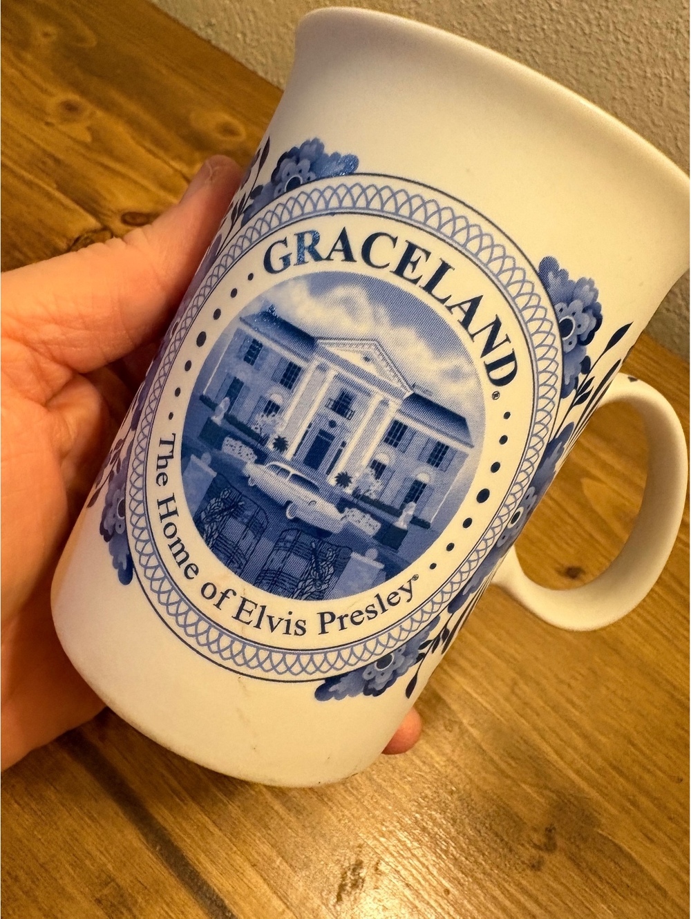 Graceland The Home of Elvis Presley Porcelain Mug with Blue Floral Design